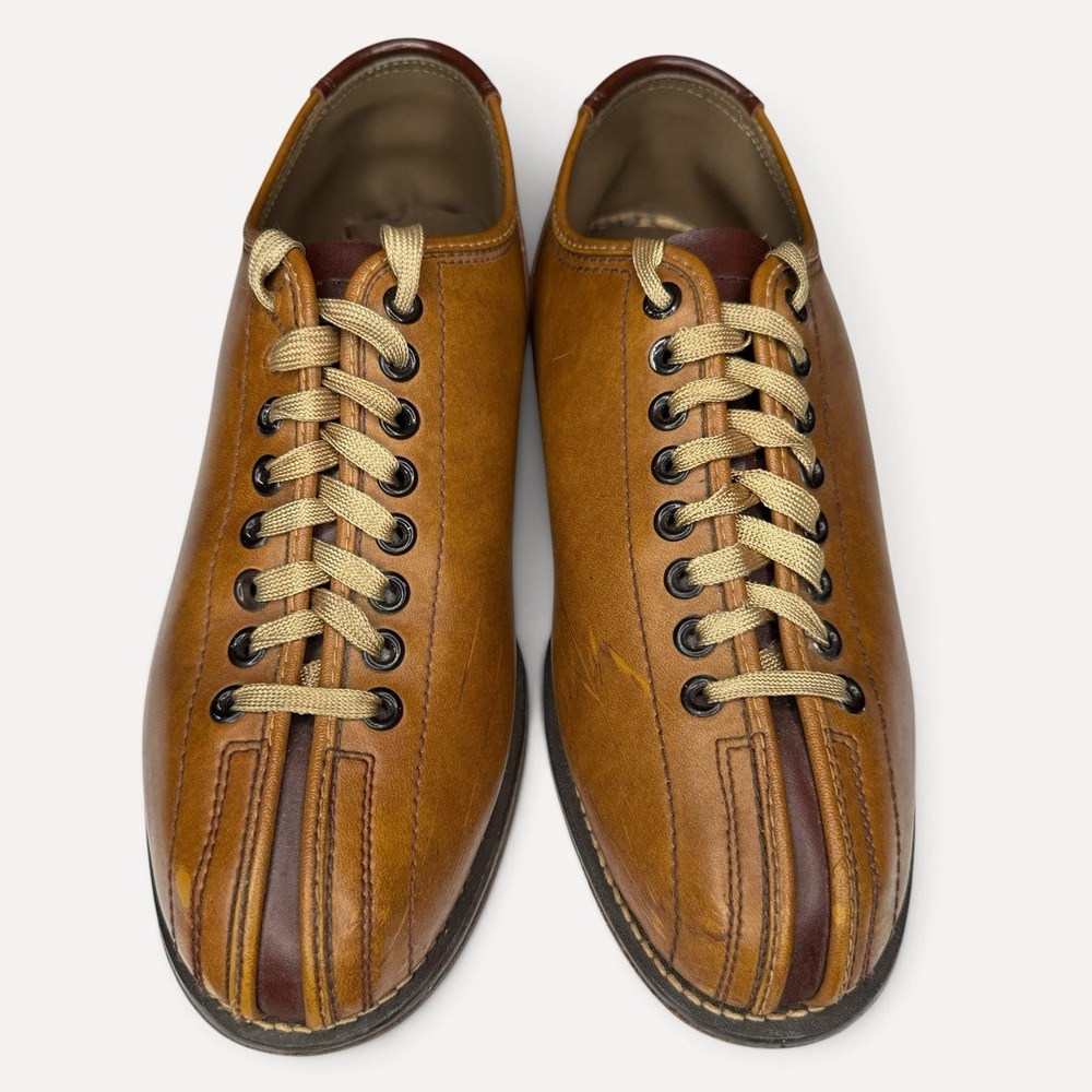 Vintage MCM 70s Brunswick Mens 9.5 Brown Leather Lace To Toe Bowling Shoes Retro